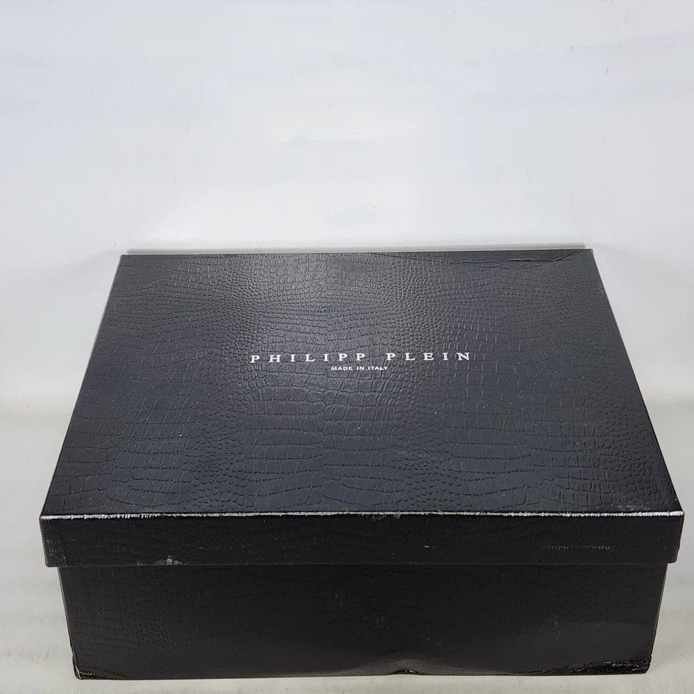 Philipp Plein Mix Leather Lo-Top Sneakers Mens Size 9 White Dark Blue Crystal